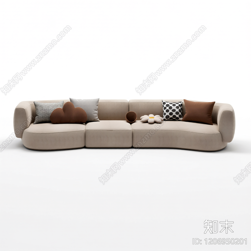 弧形布艺沙发带抱枕3D模型下载【ID:1206950201】