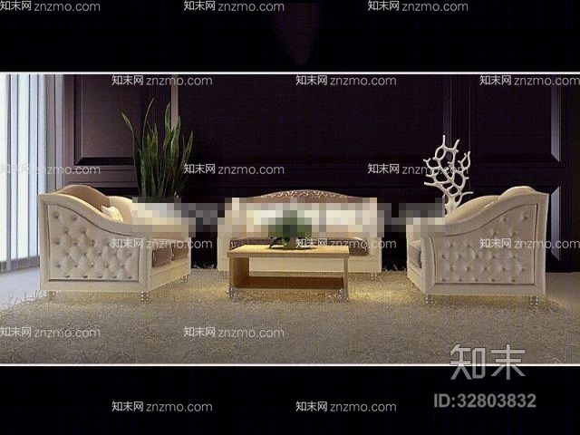 欧式新古典皮质沙发茶几组合3D模型下载【ID:32803832】