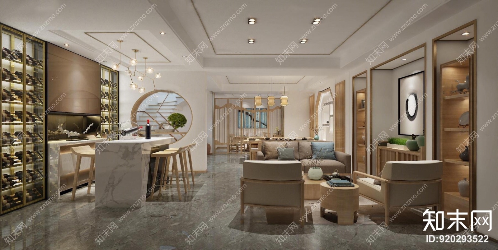 中式会所会客厅吧台酒柜组合3D模型下载【ID:920293522】