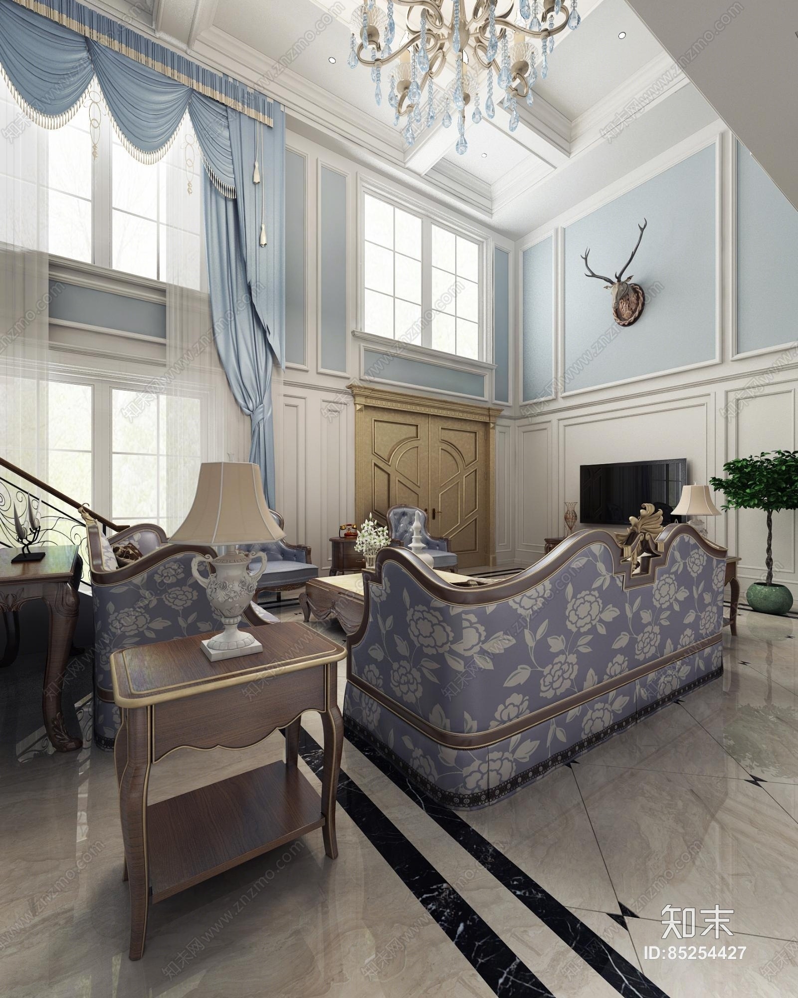 欧式简约复式客厅3D模型下载【ID:85254427】