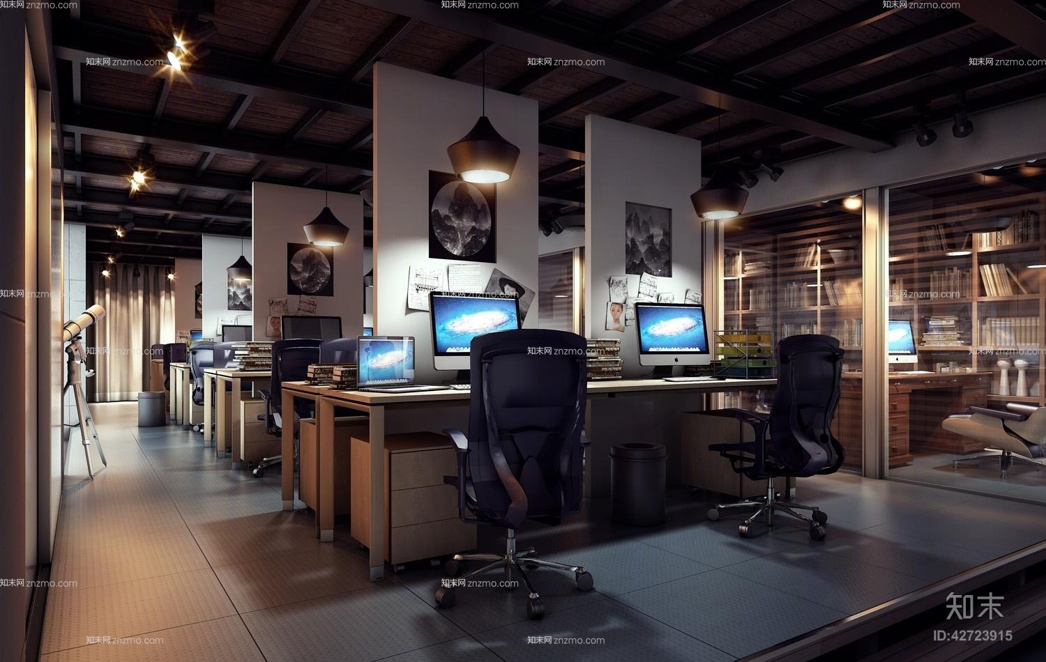 现代黑色办公桌椅组合3D模型下载【ID:42723915】