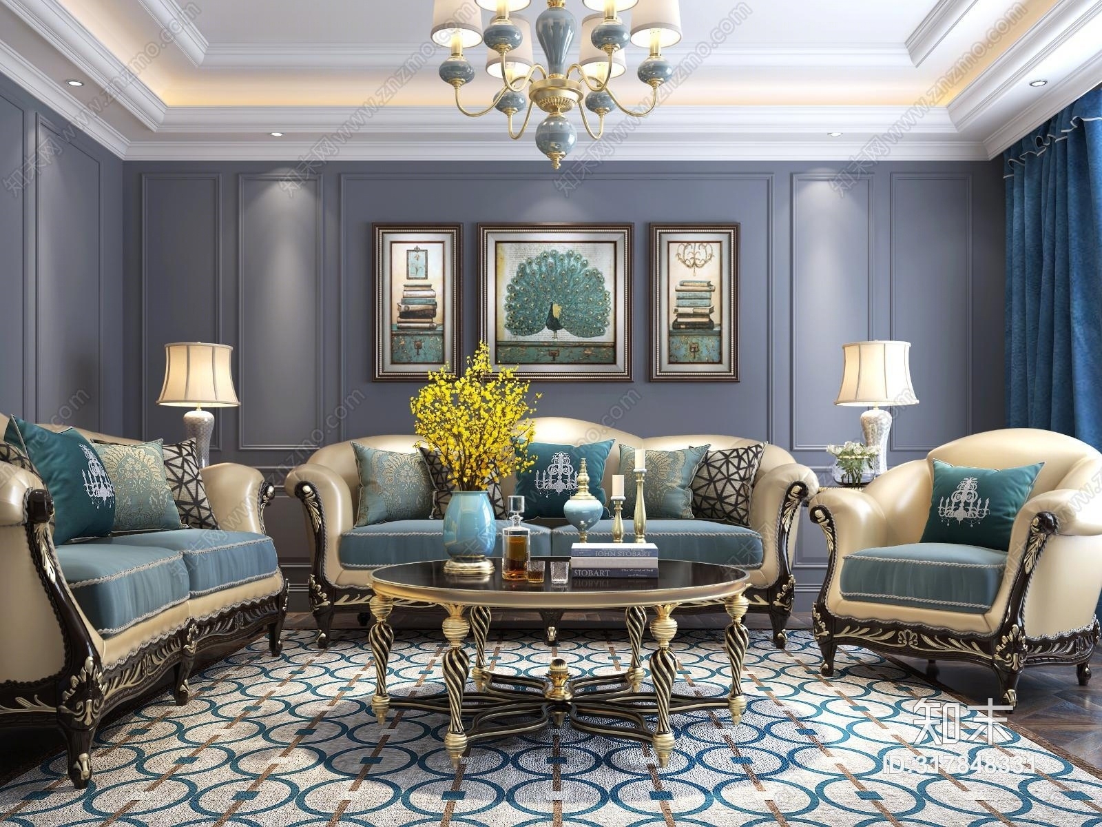 欧式古典客厅沙发茶几组合3D模型下载【ID:317848331】