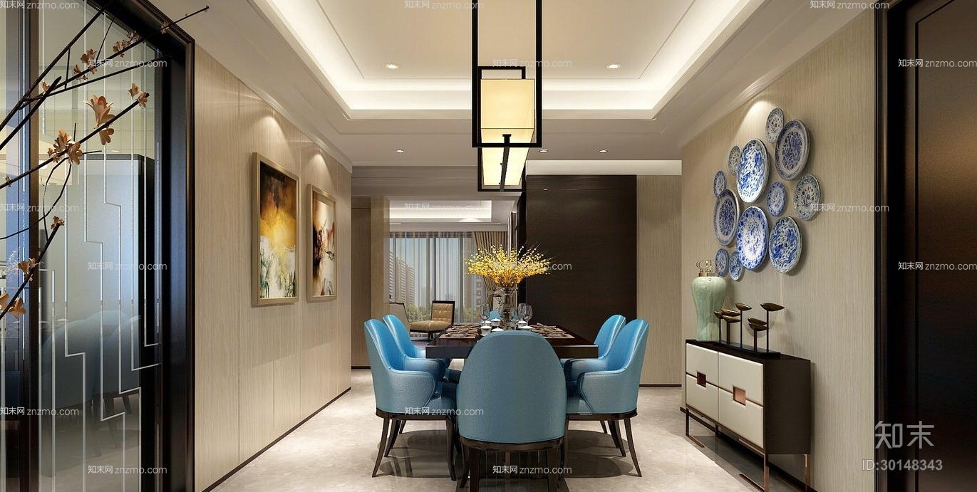 现代餐桌椅组合3D模型下载【ID:30148343】