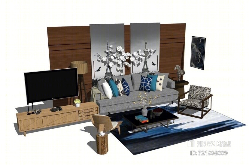 现代客厅沙发茶几电视柜背景墙组合SU模型下载【ID:721998609】