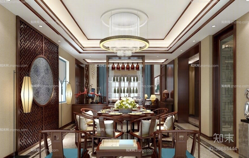 新中式棕色木艺餐桌椅组合3D模型下载【ID:30685444】