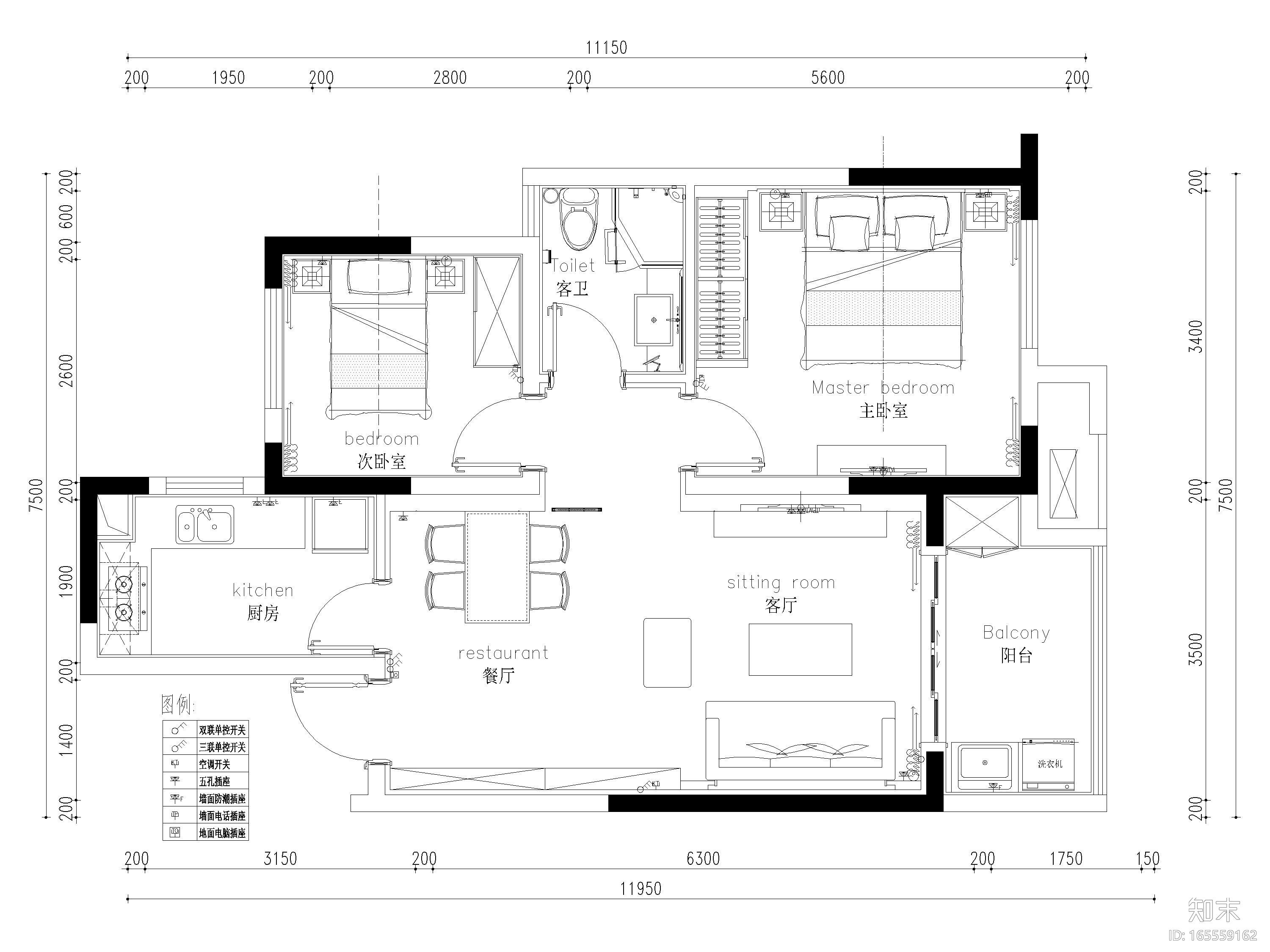 [江苏]85㎡现代两居室家装样板间设计施工图cad施工图下载【ID:165559162】