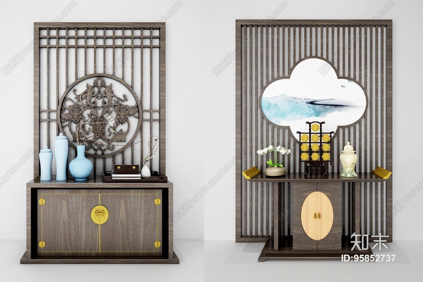 新中式屏风装饰柜组合3D模型下载【ID:95852737】