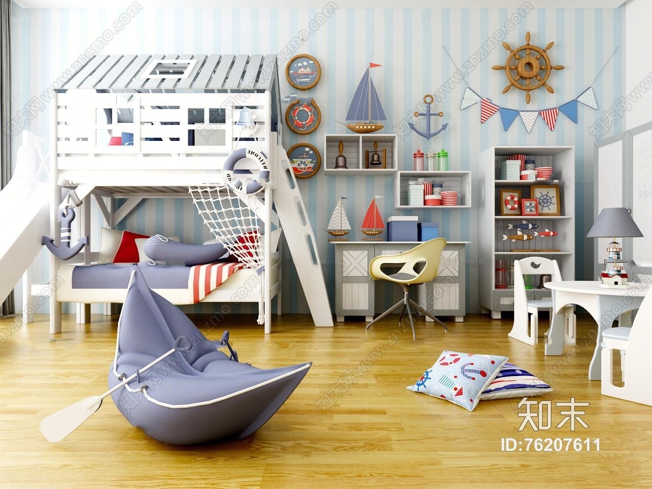 地中海儿童双层床书桌椅组合3D模型下载【ID:76207611】