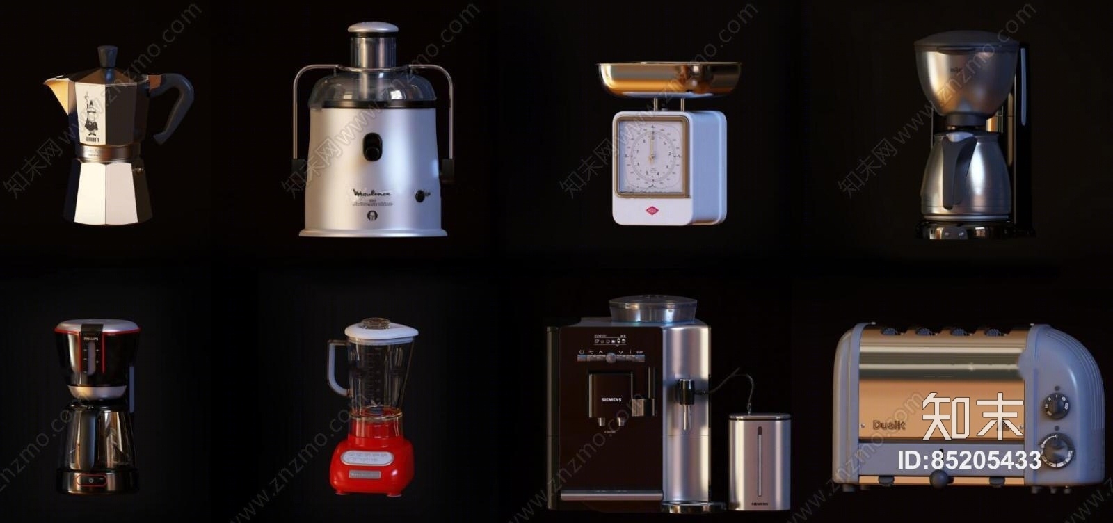 现代烤箱咖啡机榨汁机电器组合3D模型下载【ID:85205433】