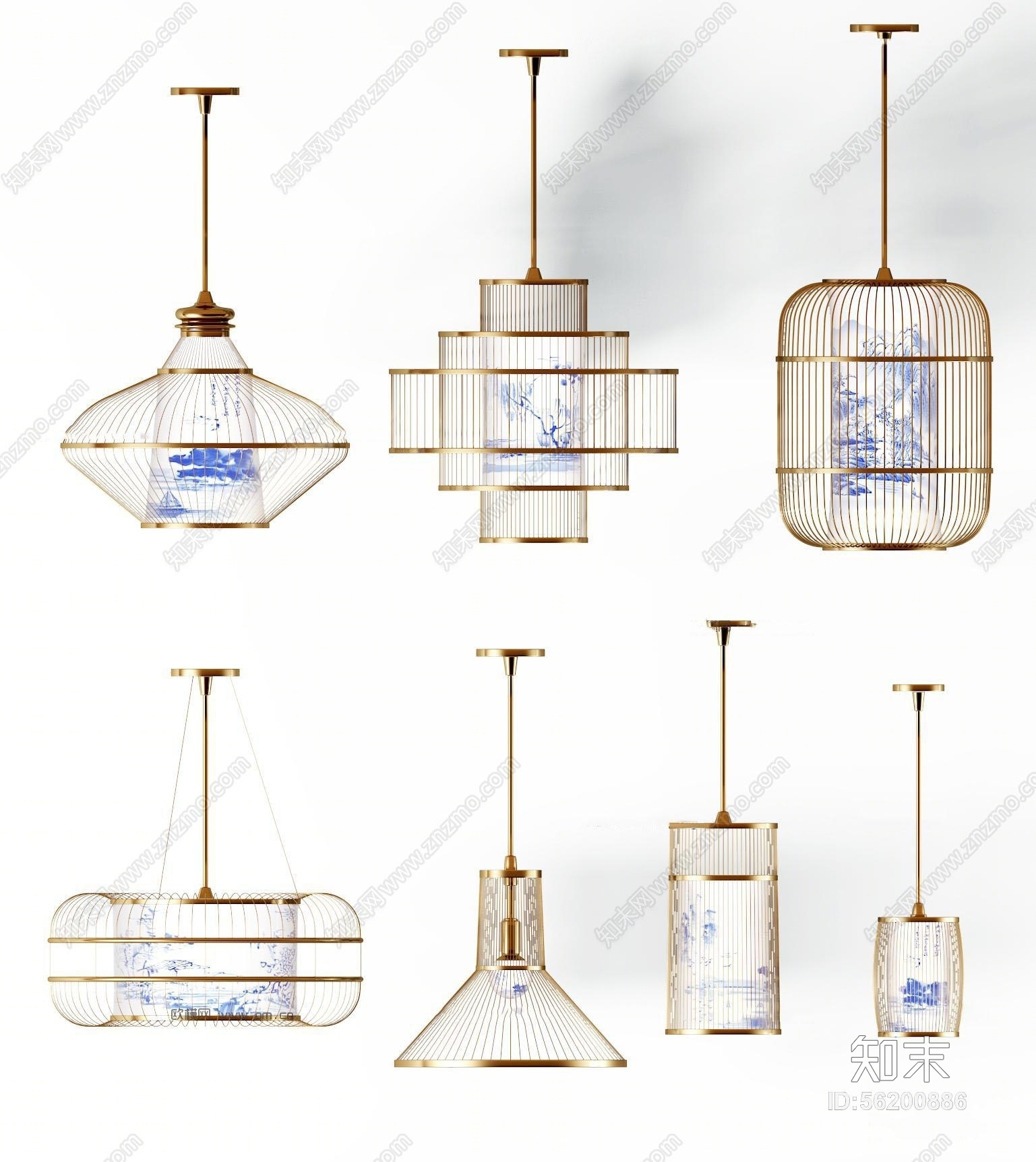 新中式青花瓷金属吊灯组合3D模型下载【ID:56200886】
