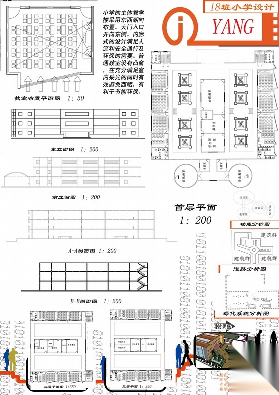 某三层十八班小学建筑方案图（含效果图）cad施工图下载【ID:165932138】
