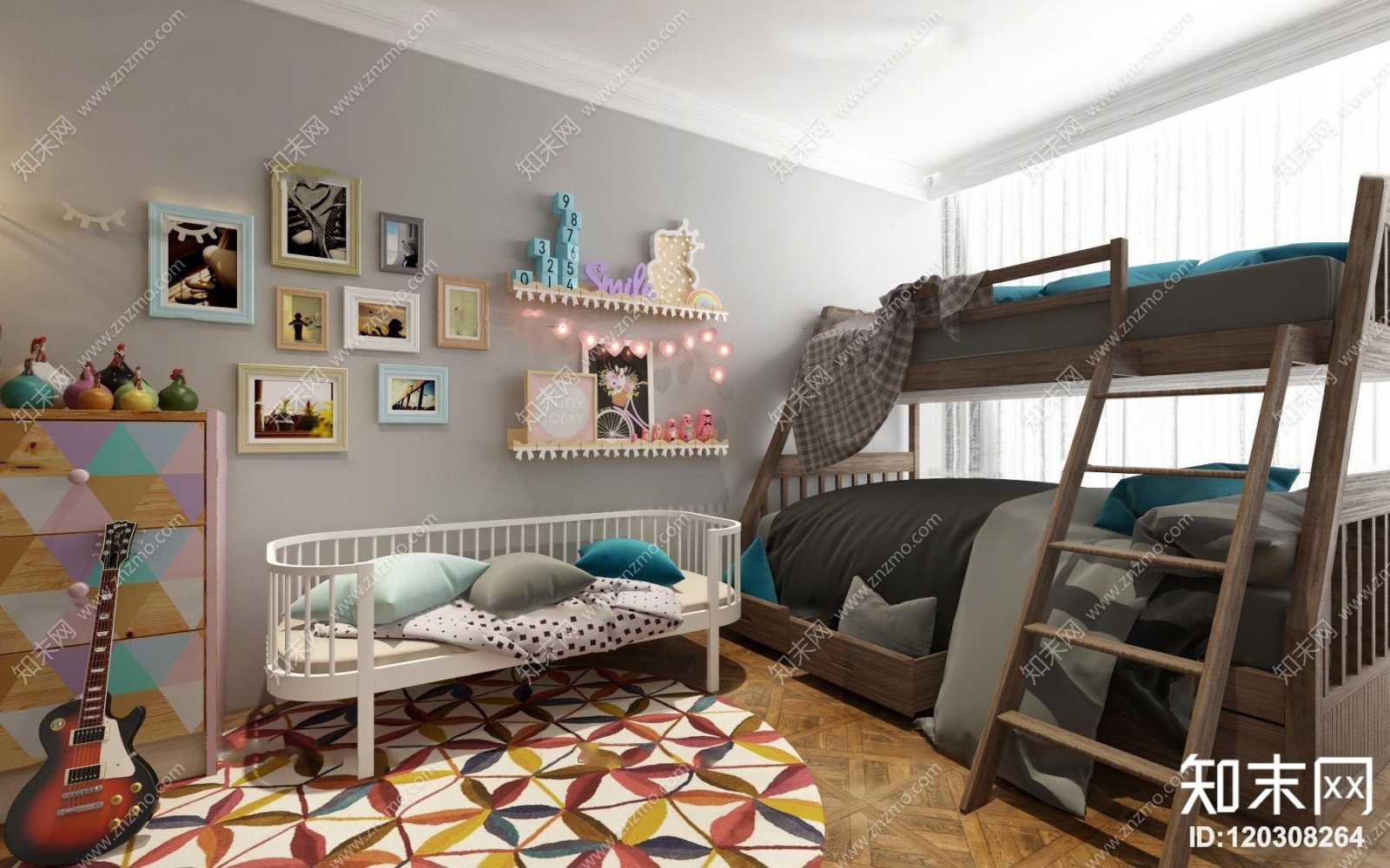 现代儿童婴儿床双下床卧室3D模型下载【ID:120308264】