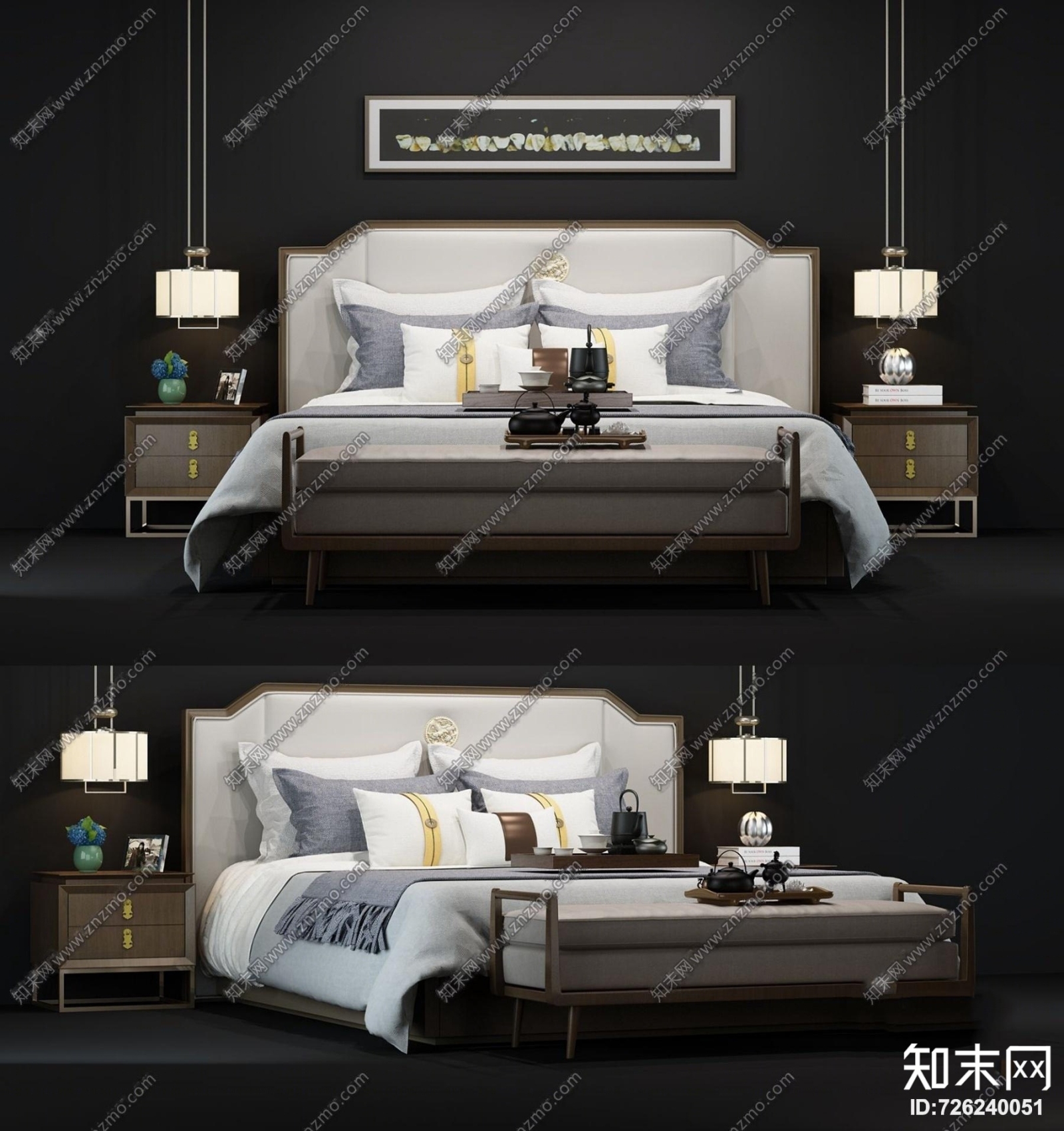 中式双人床3D模型下载【ID:726240051】