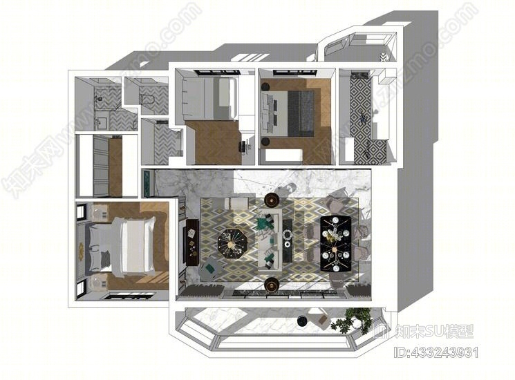 欧式风格三房两厅室内设计SU模型下载【ID:433243931】