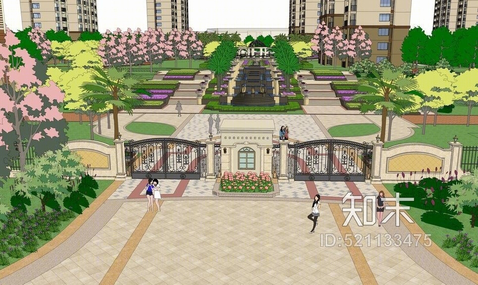 欧式小区入口景观SU模型下载【ID:521133475】