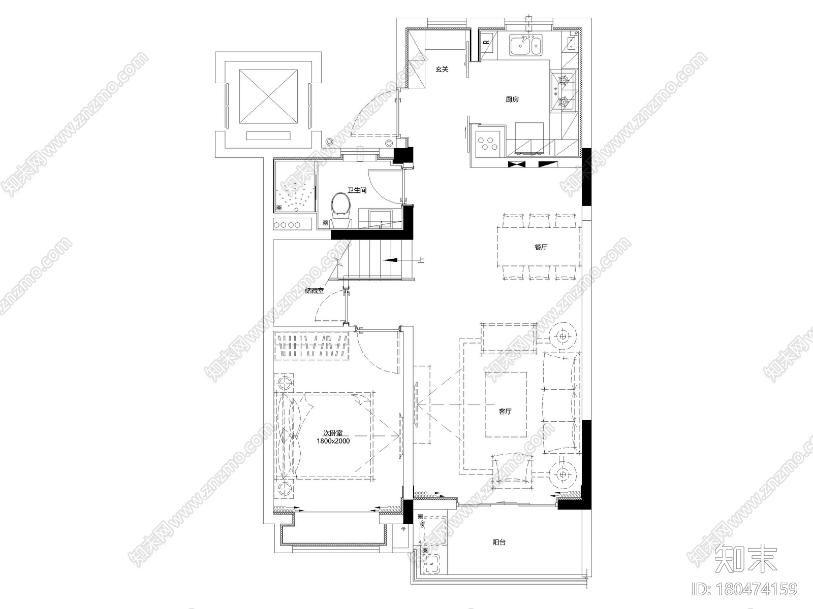 [上海]126㎡上叠二层三居家装样板间施工图cad施工图下载【ID:180474159】