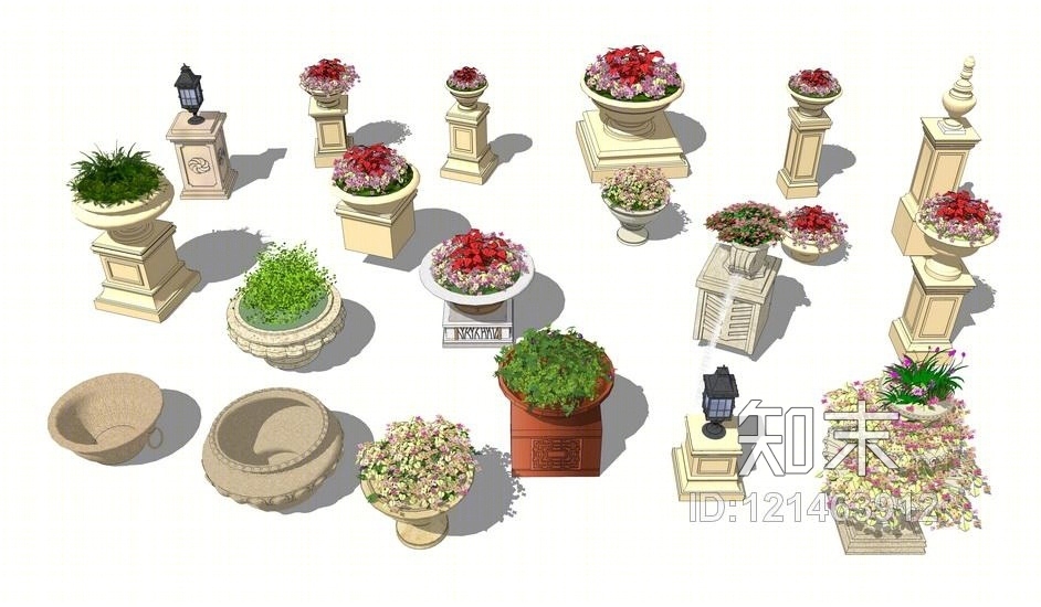 欧式花钵组合SU模型下载【ID:121463912】