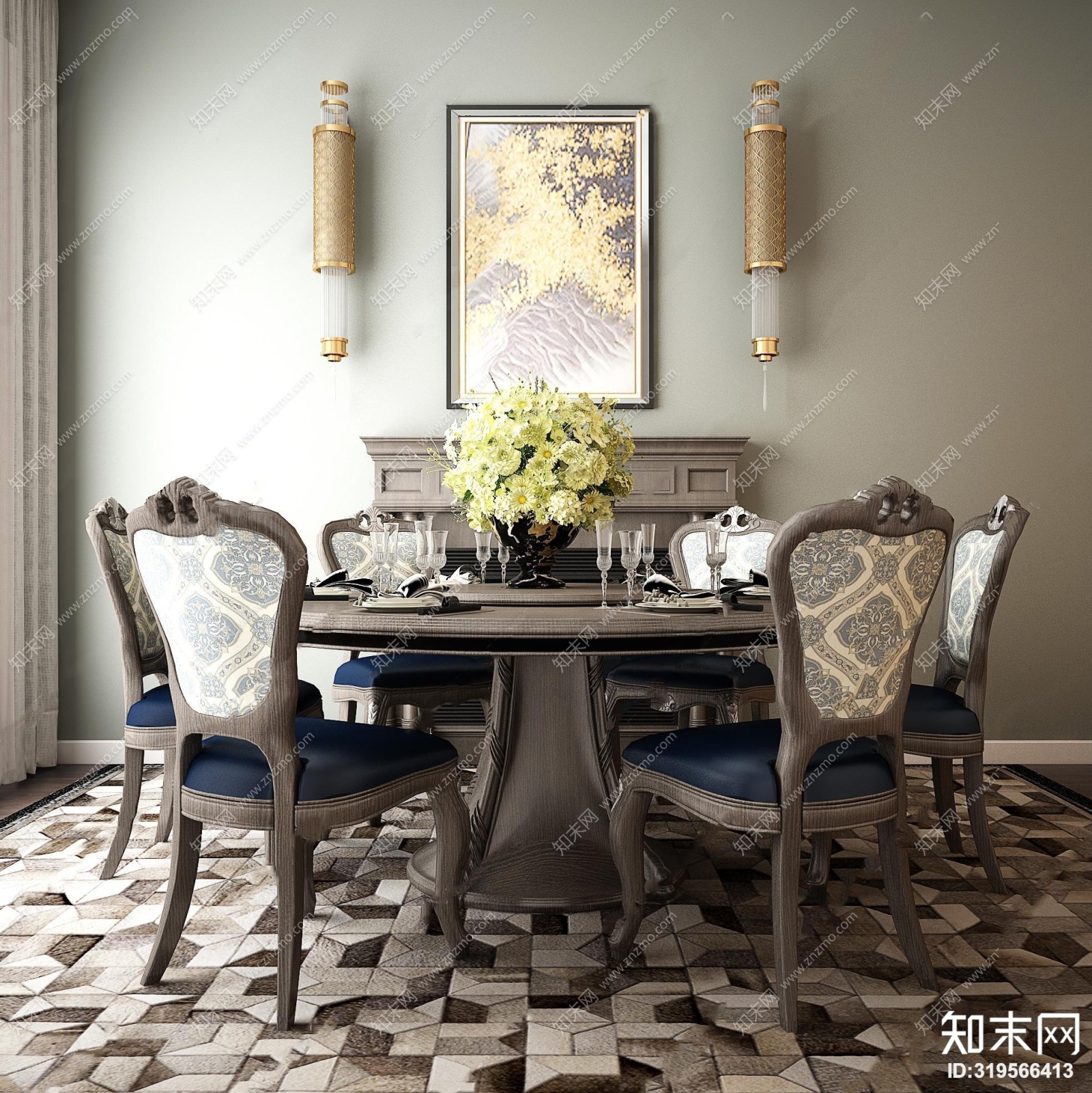 美式实木餐桌椅壁炉壁灯餐具摆件3D模型下载【ID:319566413】