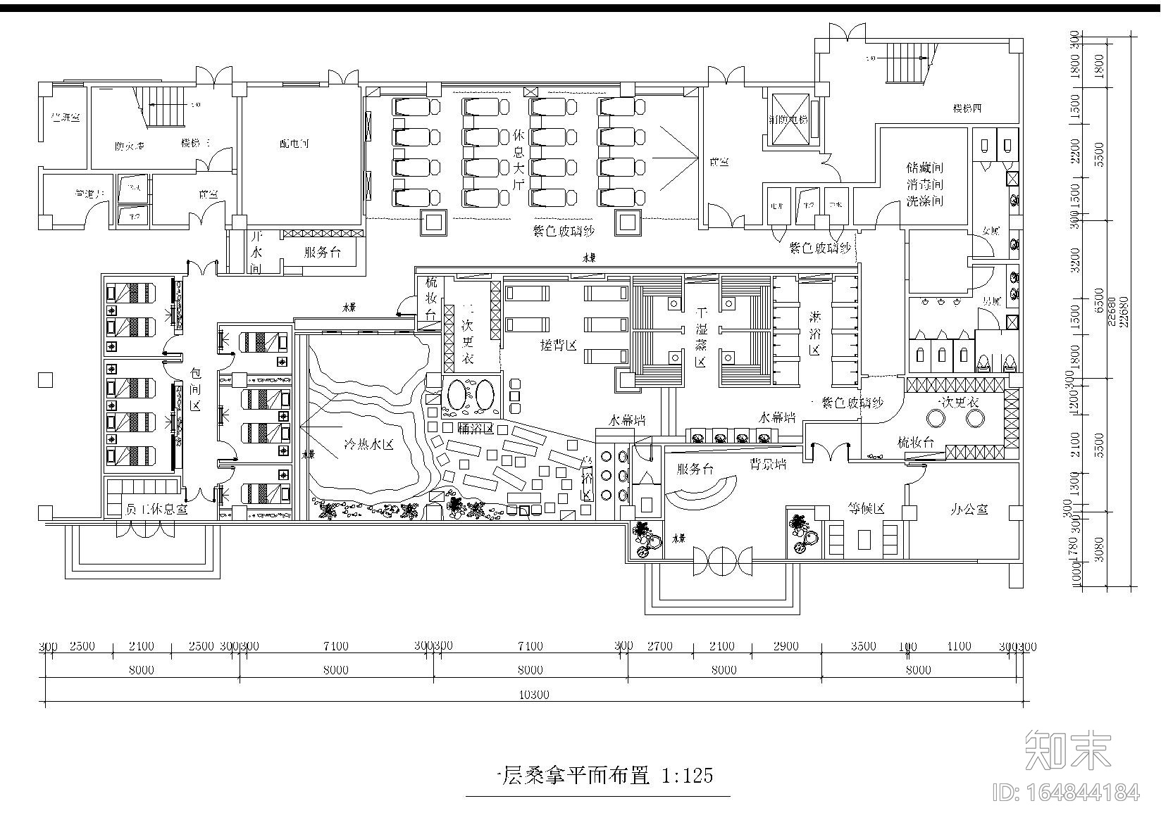 500㎡简约桑拿会所休闲装修施工图cad施工图下载【ID:164844184】