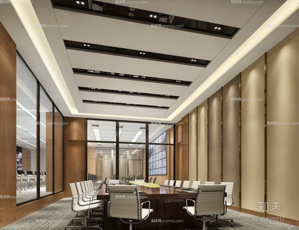 现代木艺办公桌椅组合3D模型下载【ID:40619317】