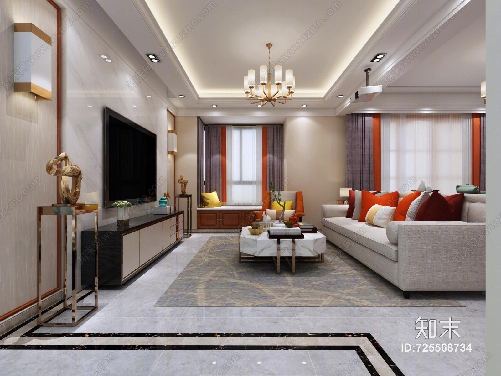 新中式客餐厅家具组合3D模型下载【ID:725568734】