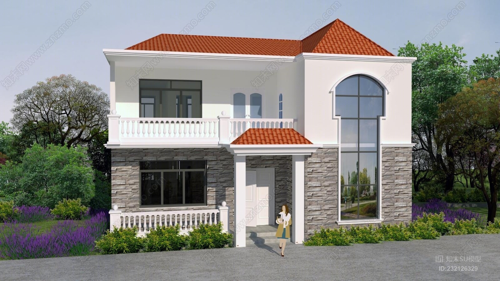 乡村现代风格独栋别墅小景观材质灯光齐全SU模型下载【ID:232126329】