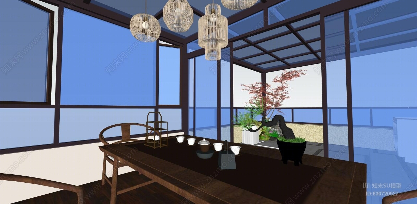 中式景观阳光房SU模型下载【ID:630720927】