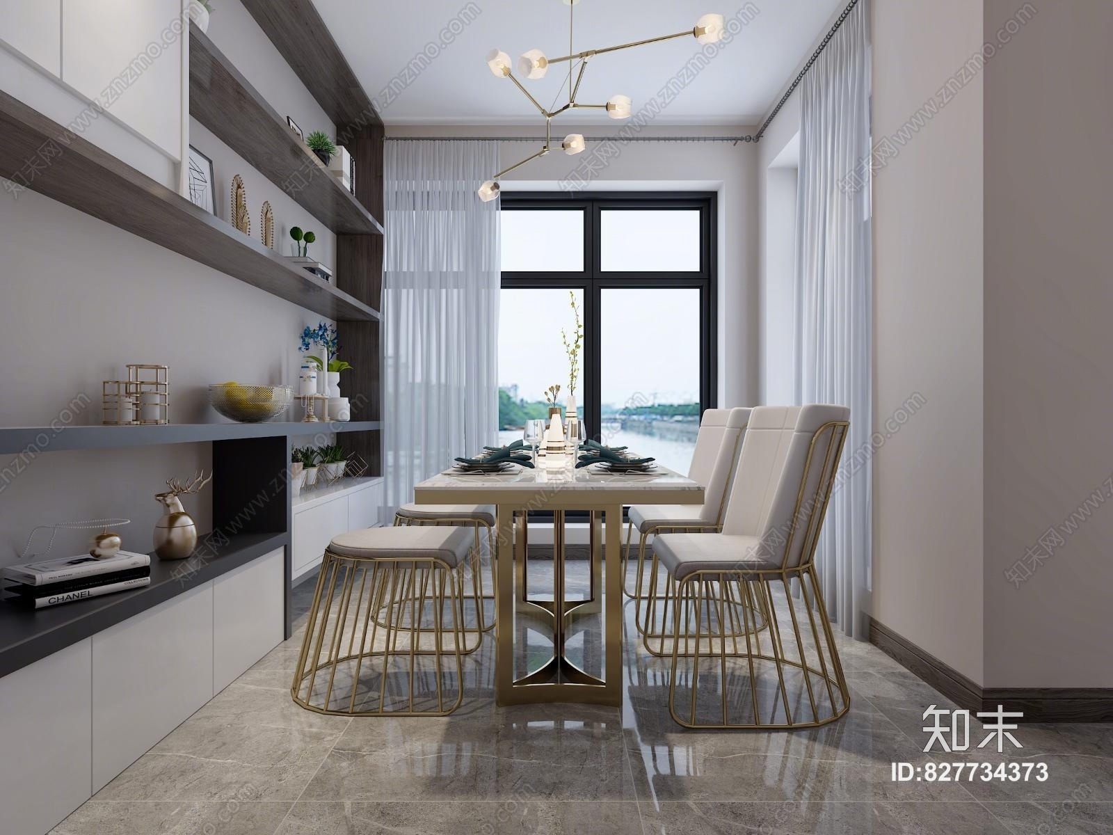 现代轻奢后现代港式客厅餐厅3D模型下载【ID:827734373】