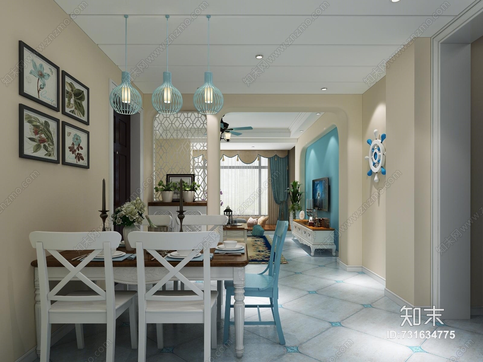 地中海餐厅客厅模型餐桌3D模型下载【ID:731634775】