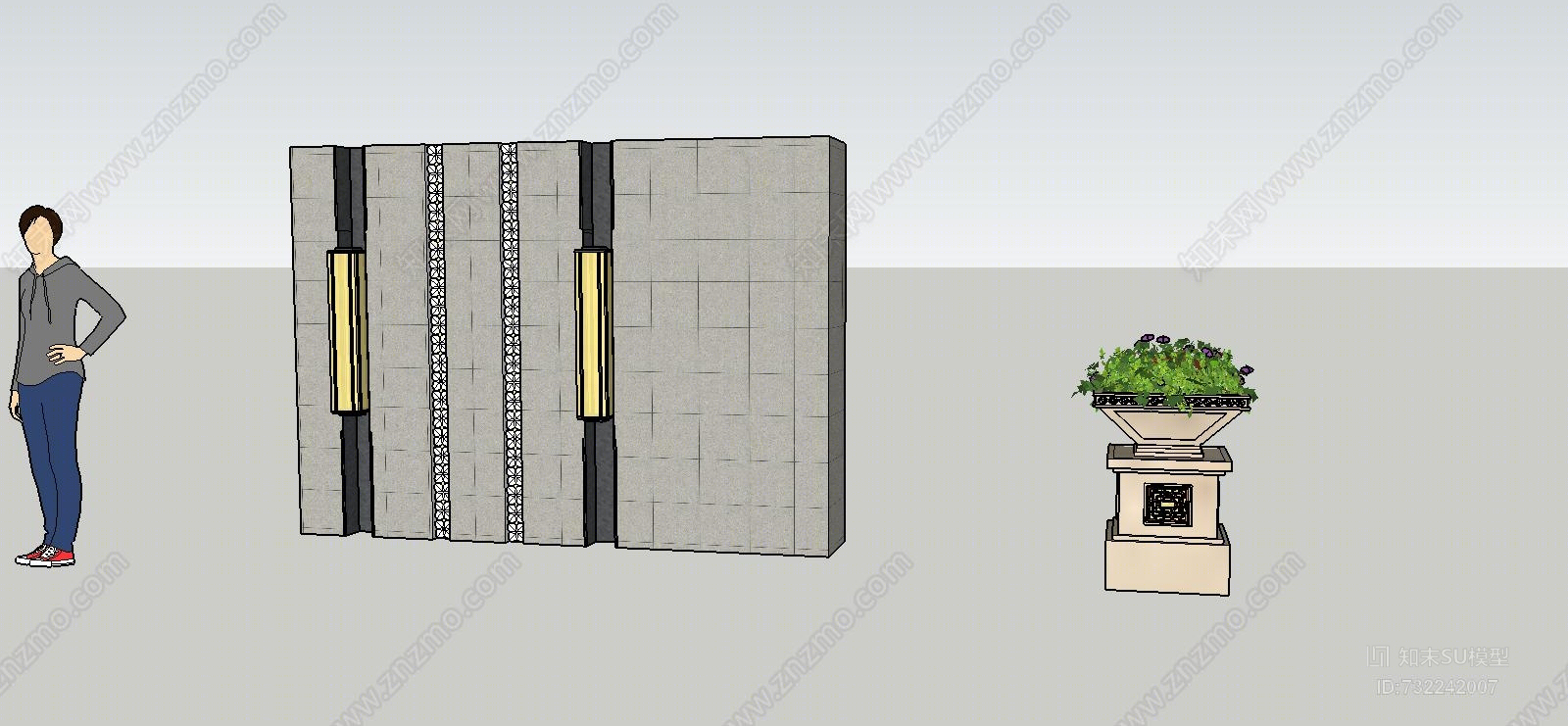 新中式大气尊贵景观墙及花钵灯室外SU模型下载【ID:732242007】