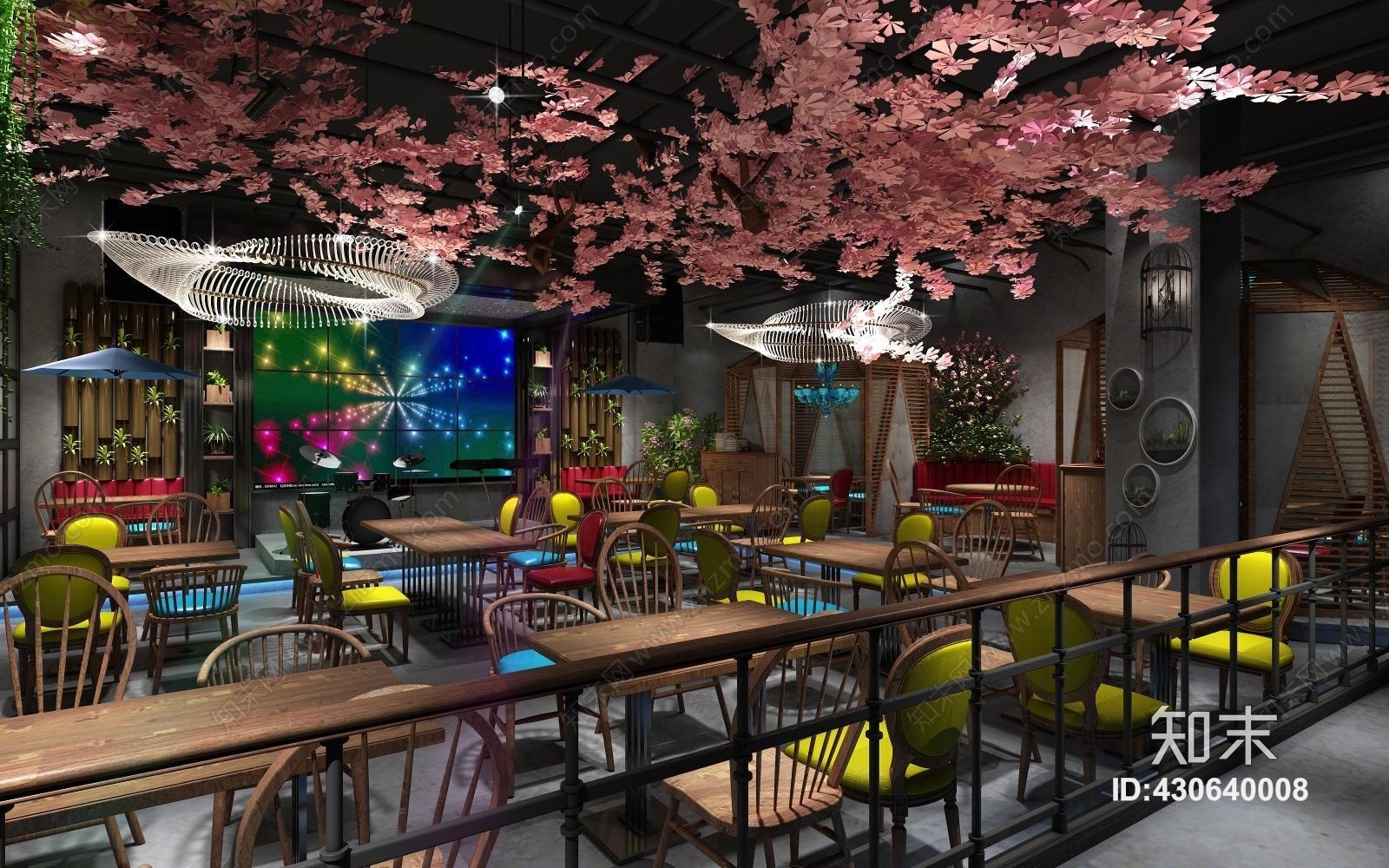 现代音乐餐厅圆形卡座樱花3D模型下载【ID:430640008】