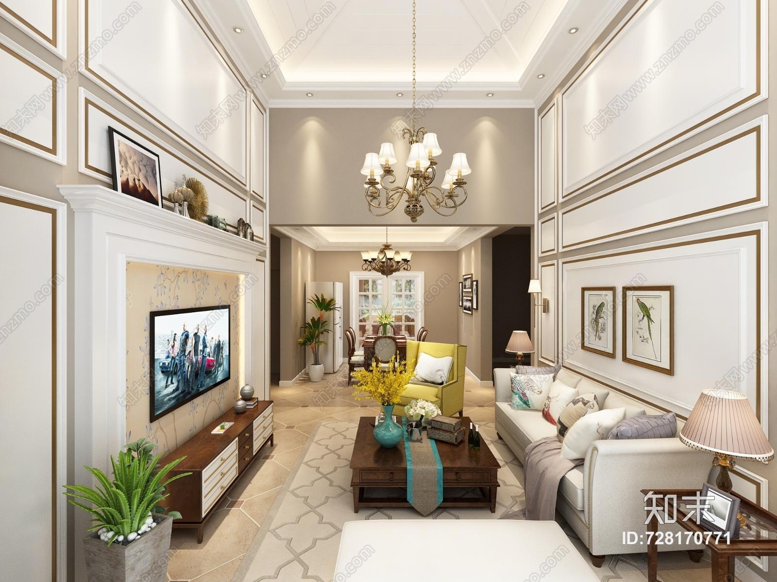 美式简美客餐厅背景墙3D模型下载【ID:728170771】