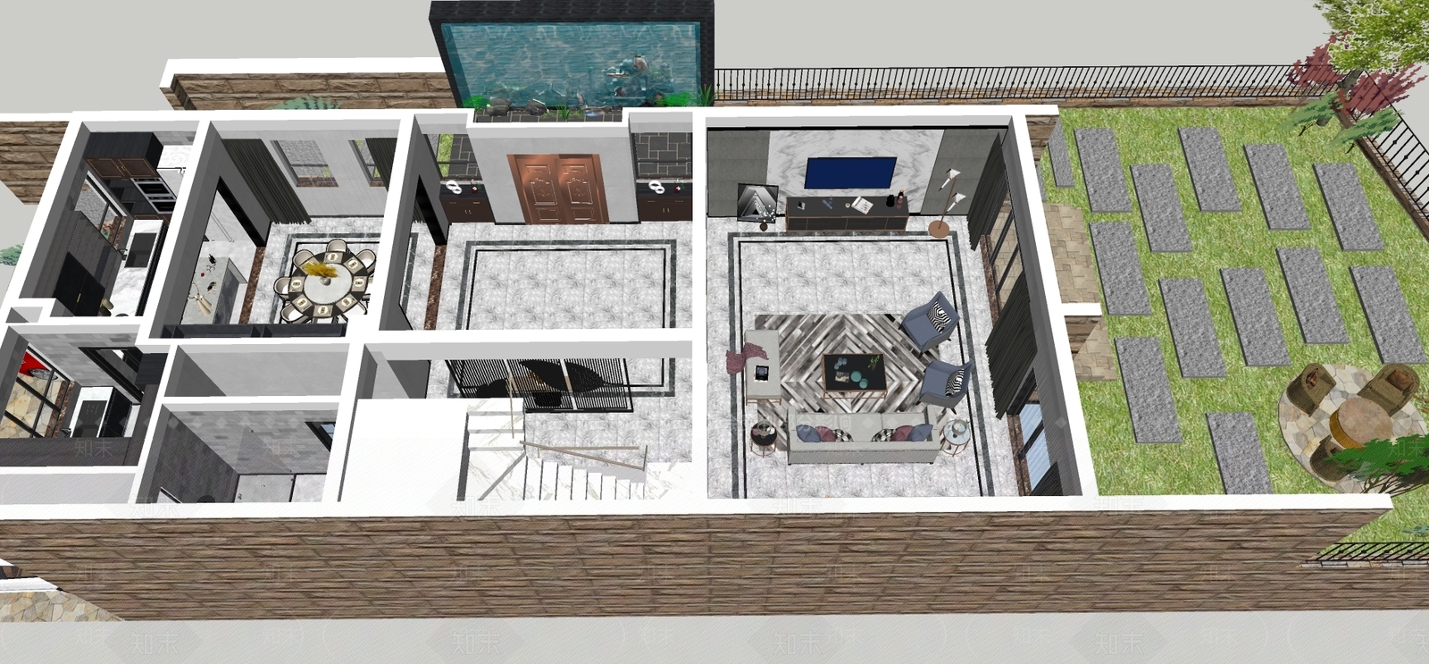 现代风格别墅客餐厅中庭花园中西式厨房入户水景模型SU模型下载【ID:932459975】