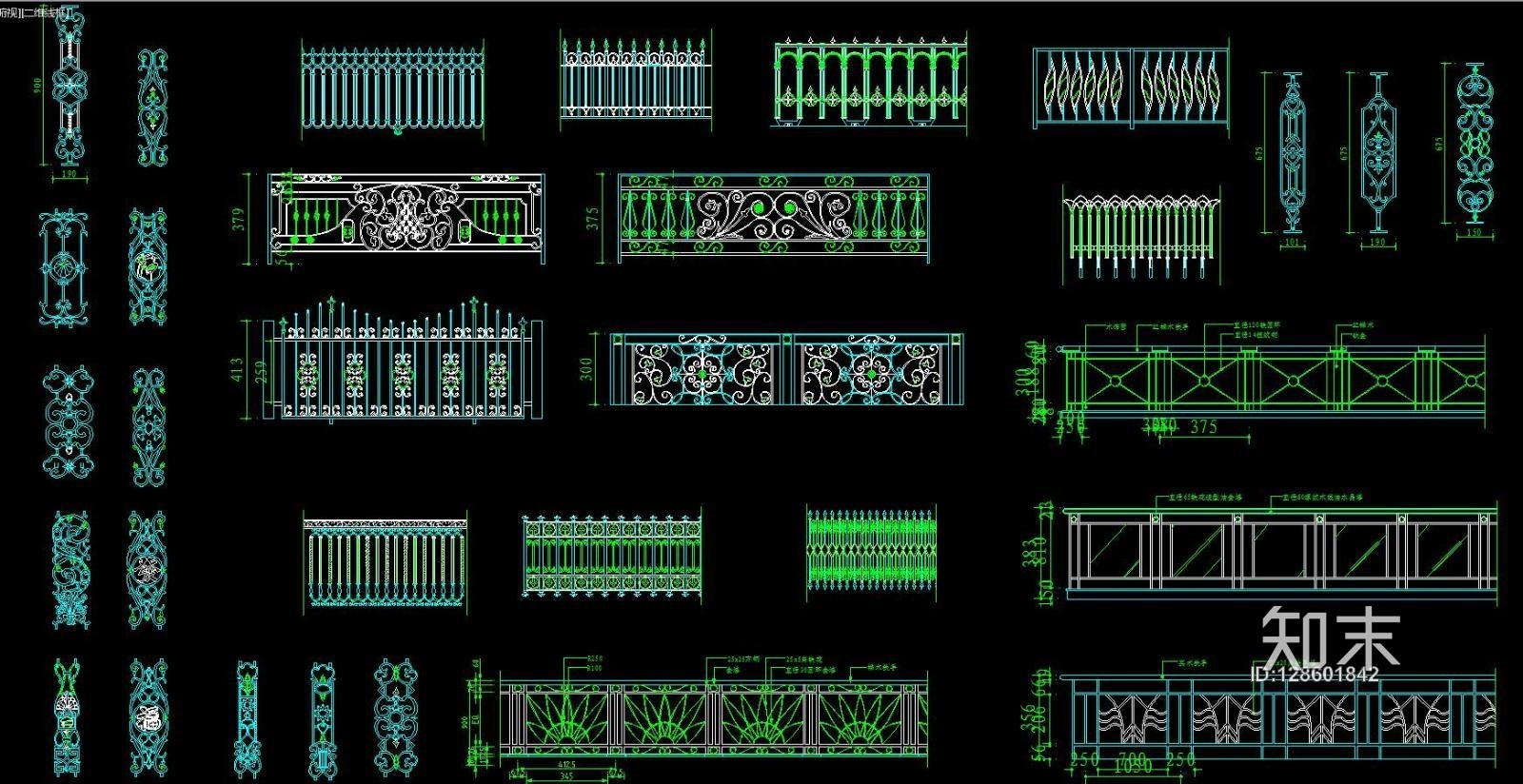 铁艺雕花栏杆CAD图库施工图下载【ID:128601842】