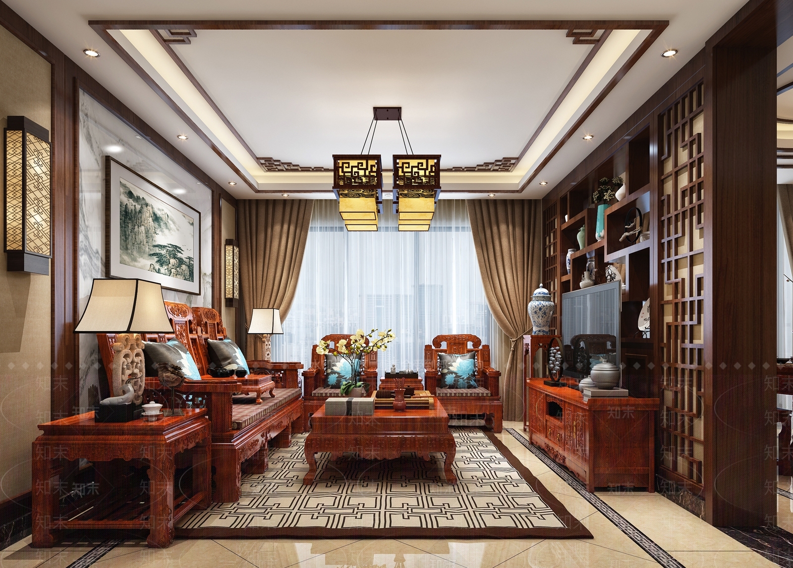 新中式红木家具客餐厅3D模型下载【ID:833336332】