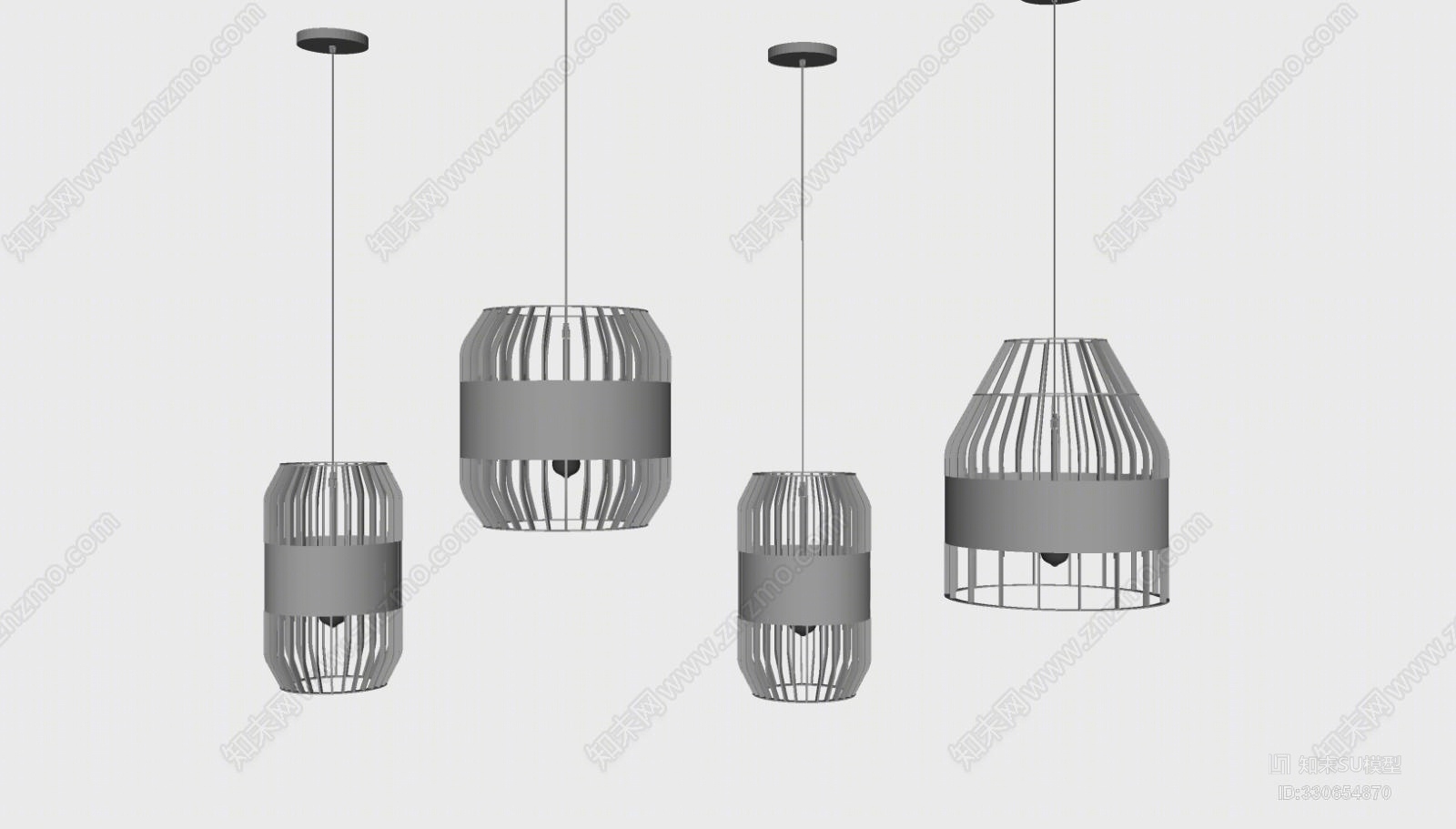 新中式实木鸟笼吊灯组合SU模型下载【ID:330654870】