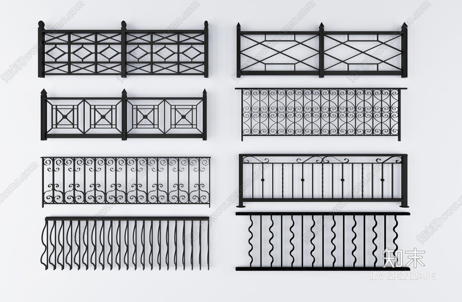 现代铁艺护栏组合模型3D模型下载【ID:826212906】