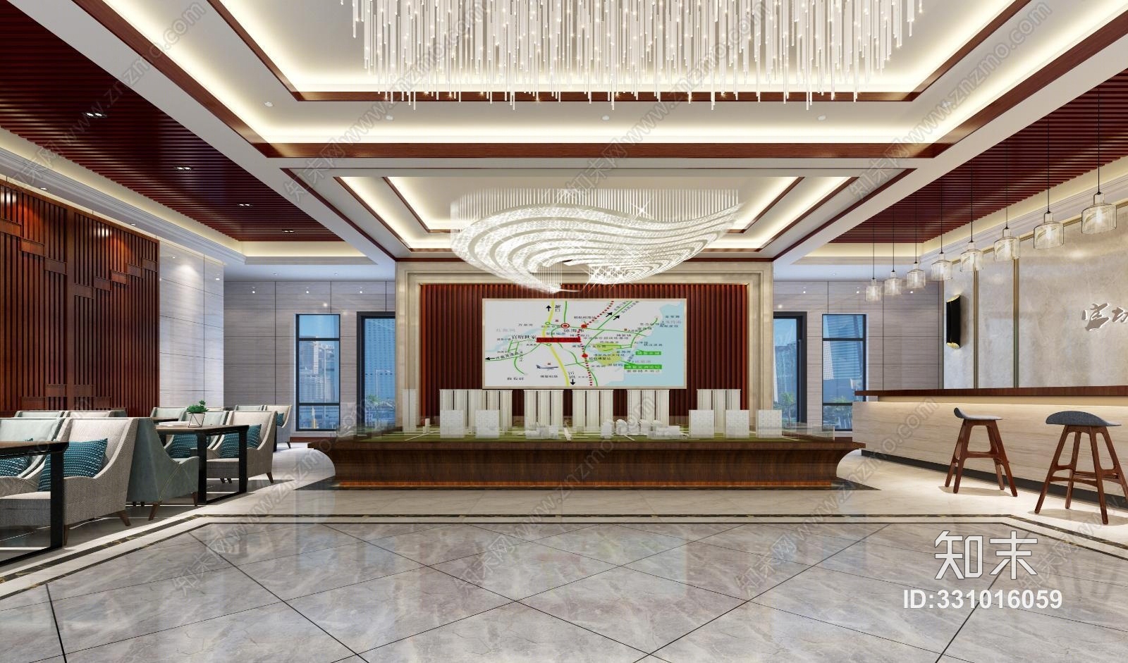 新中式售楼处沙盘3d模型下载【id:331016059】