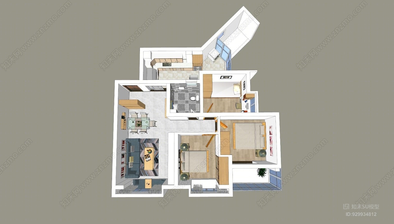 三房室内家装设计SU模型下载【ID:929934812】