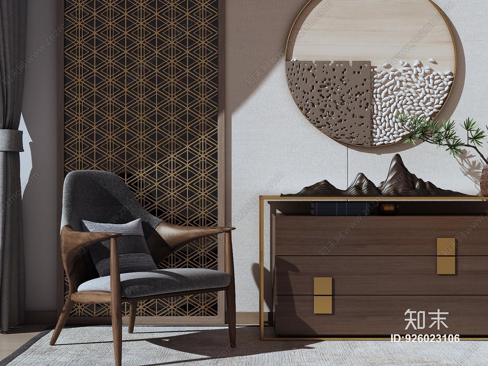 新中式椅子边柜摆件组合3D模型下载【ID:926023106】