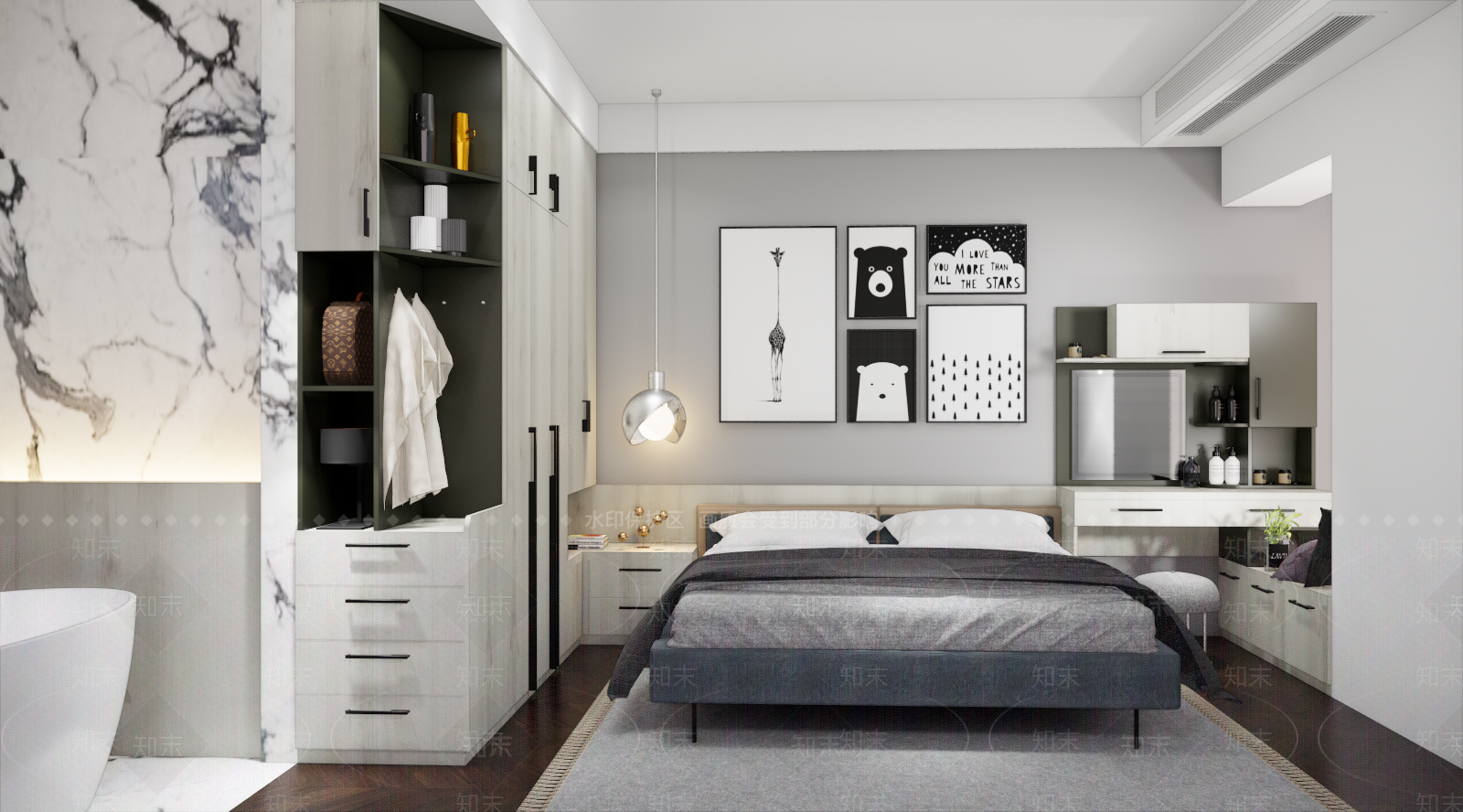 北欧主卧室衣柜双人床吊灯挂画配饰摆件飘窗柜梳妆台搁层SU模型下载【ID:232321394】