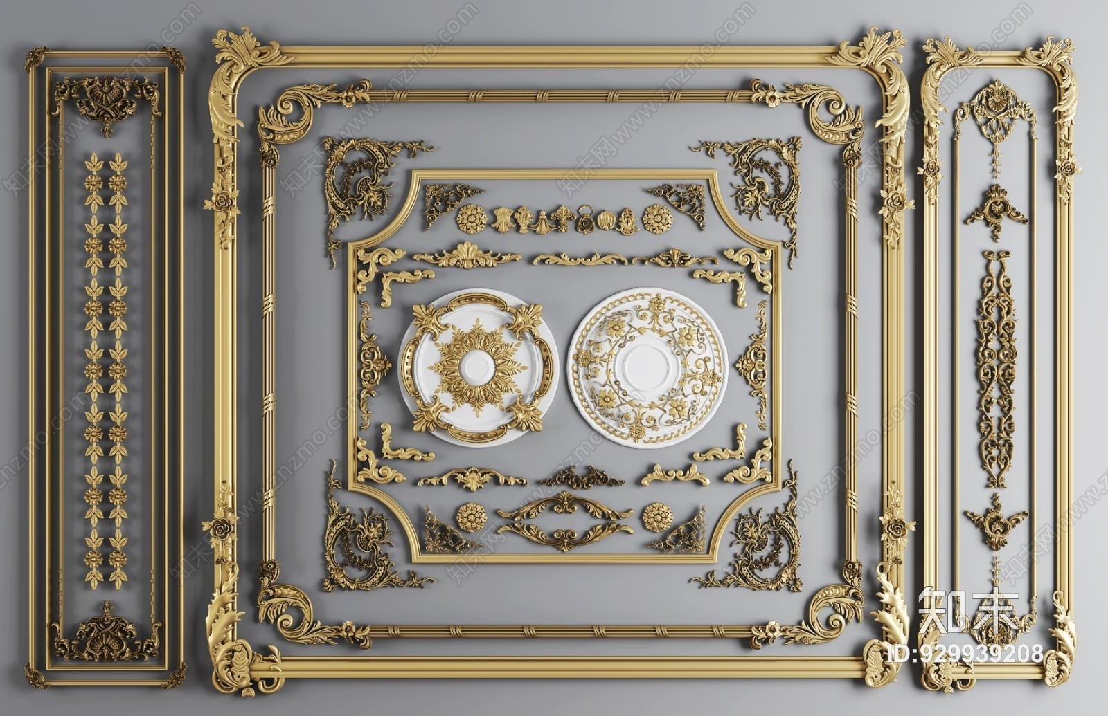 简欧欧式金属雕花构件石膏角线灯盘组合3D模型下载【ID:929939208】