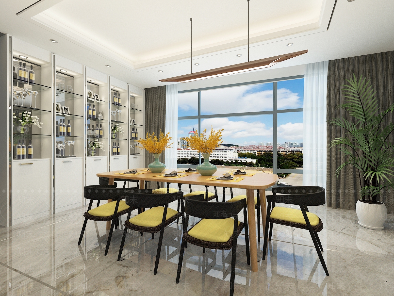 现代餐厅酒柜餐桌椅绿植花瓶窗帘3D模型下载【ID:832454523】