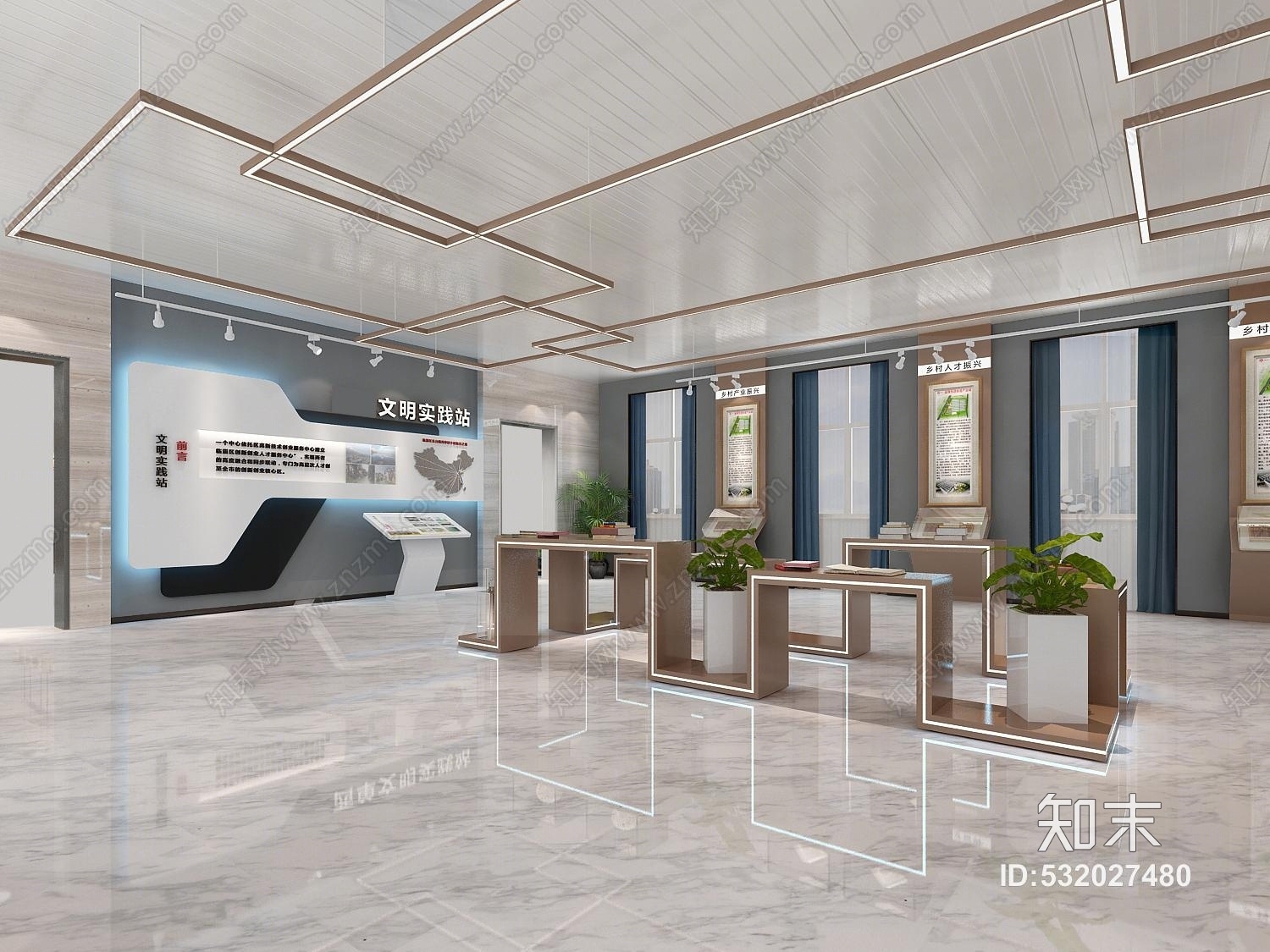 现代新时代文明实践站文化展厅展柜3D模型下载【ID:532027480】