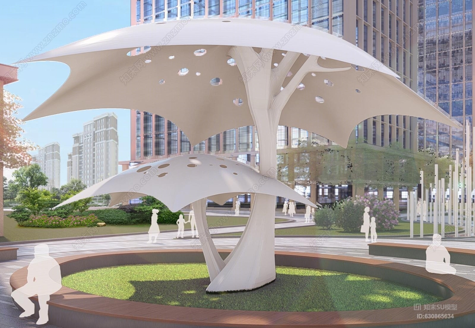 现代异形蘑菇雕塑亭子建筑SU模型下载【ID:630865634】