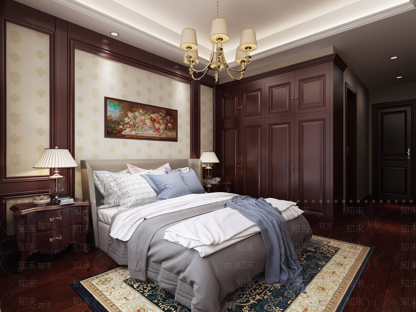 欧式古典欧式卧室主卧次卧沙发床头柜吊灯衣柜装饰画3D模型下载【ID:432271316】