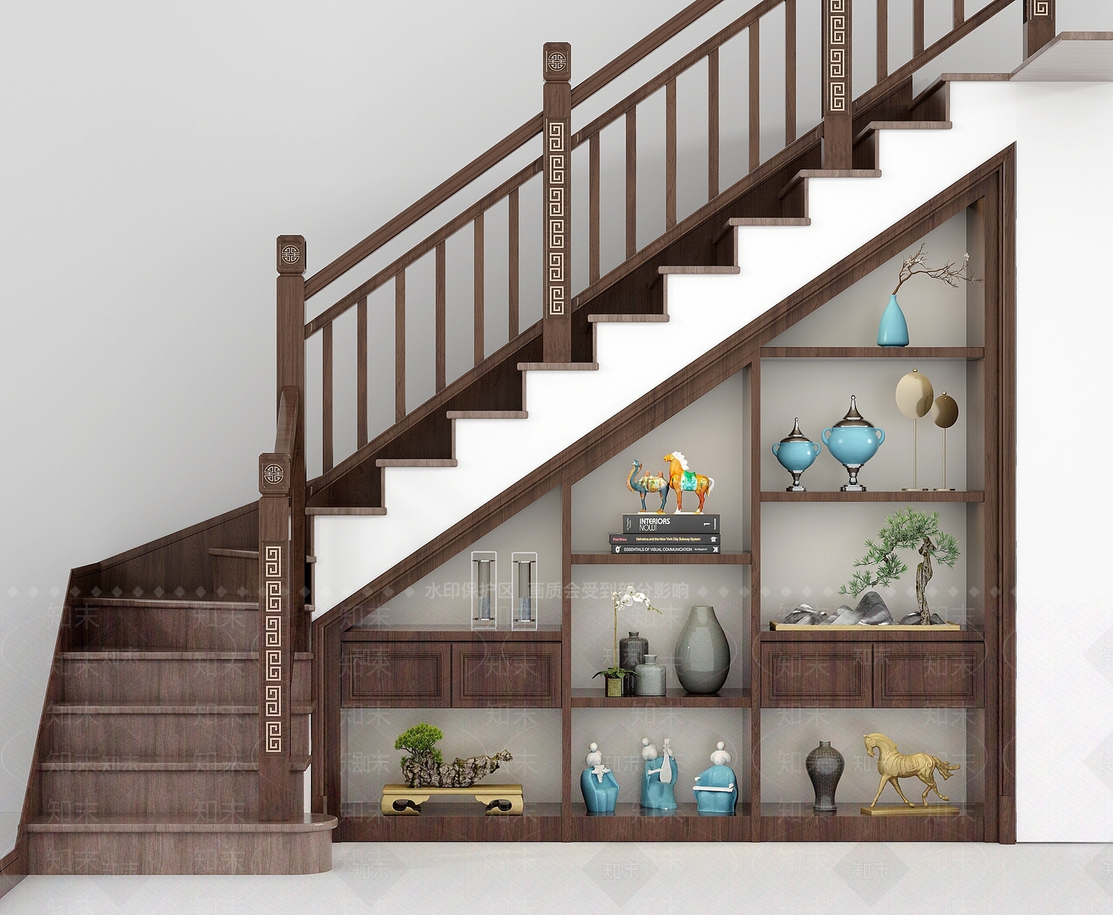 新中式楼梯储物柜组合3D模型下载【ID:833504703】