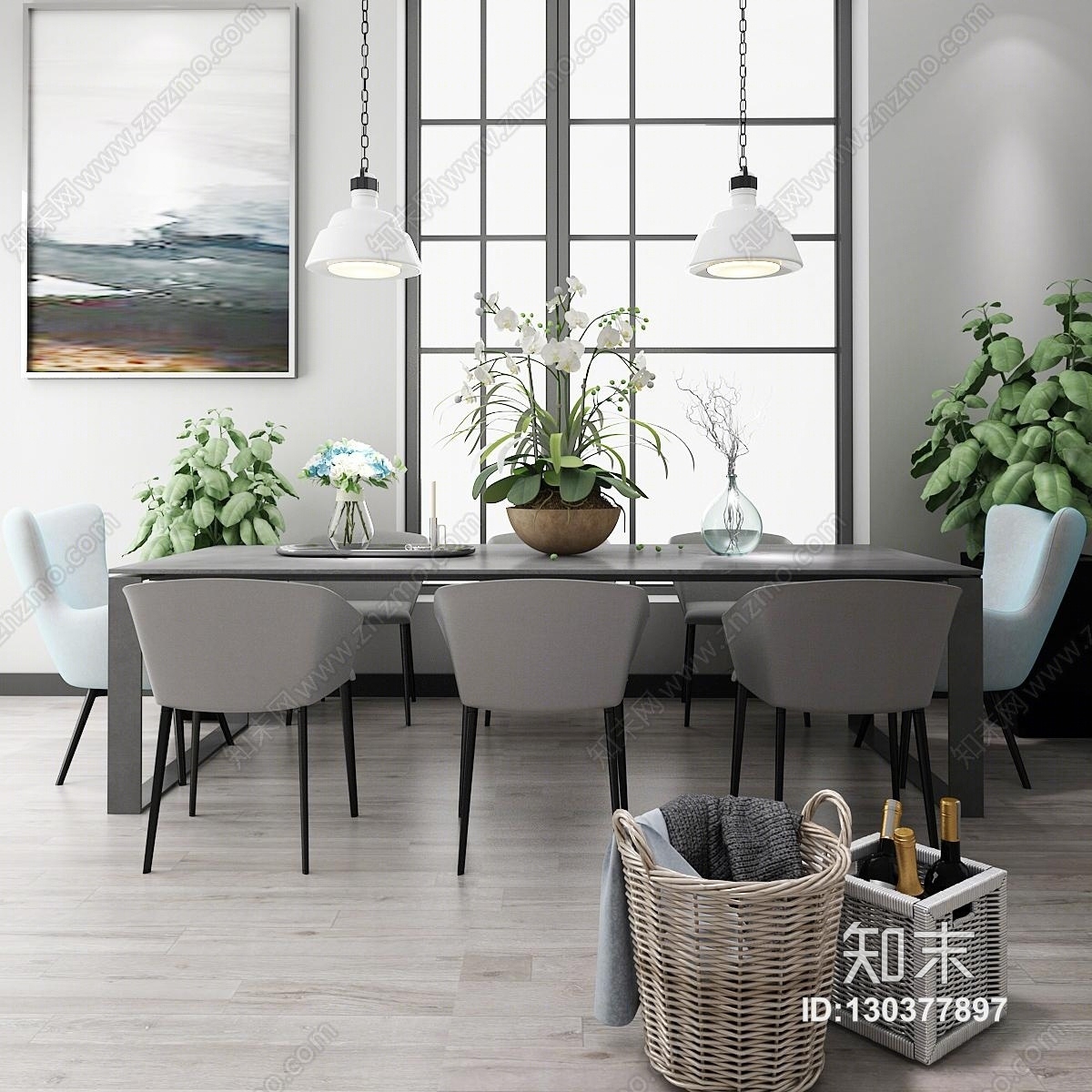 简欧餐桌盆栽吊灯摆件餐具3D模型下载【ID:130377897】