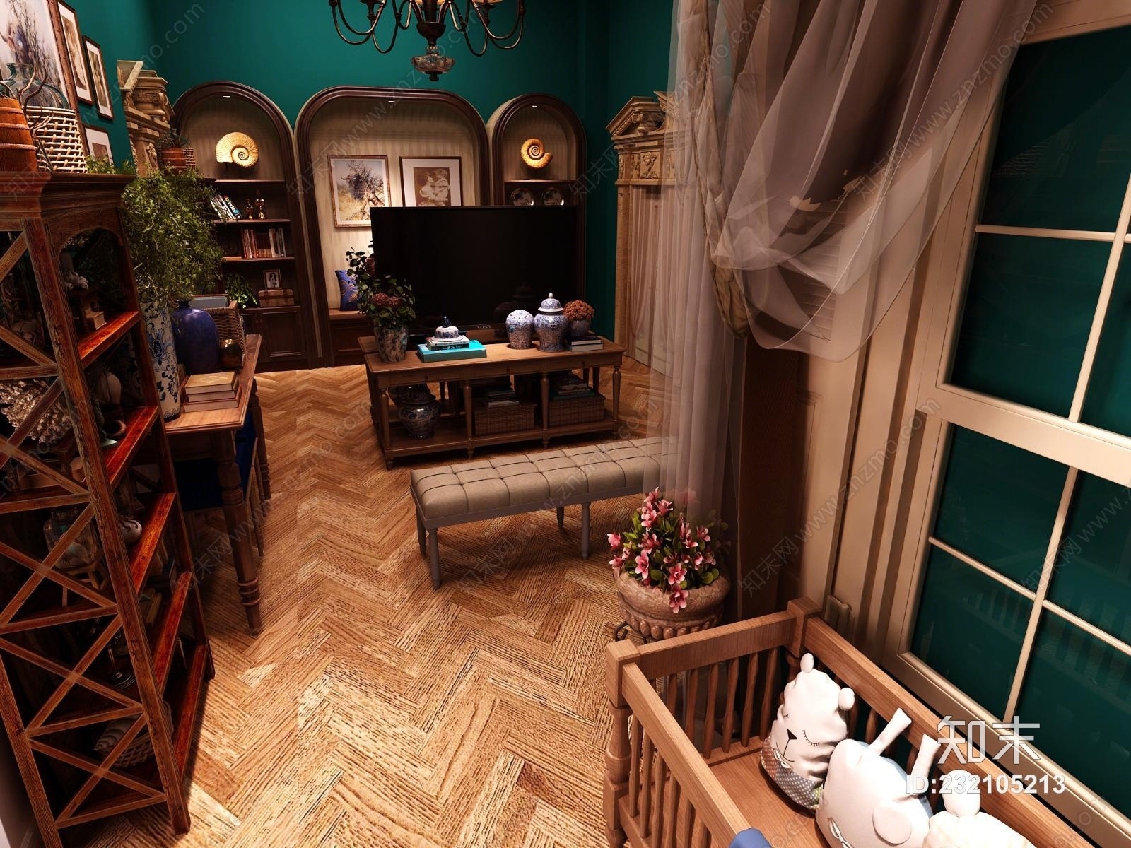 美式母婴馆展馆母婴店儿童馆展厅凳子背景墙置物柜婴儿床3D模型下载【ID:232105213】