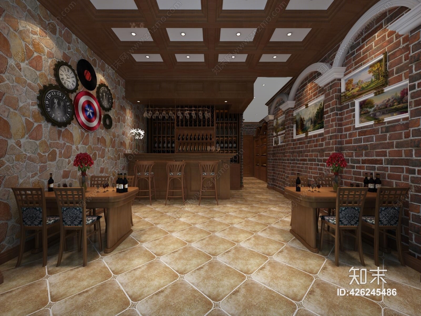 美式工装商铺酒窖酒柜3D模型下载【ID:426245486】